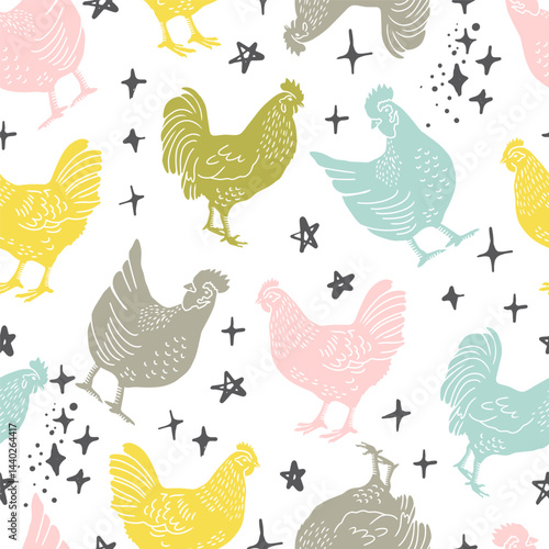 Chicken and Rooster with Stars Vector Seamless Pattern