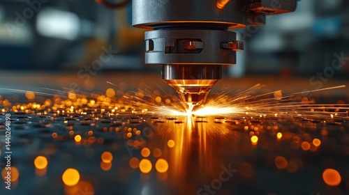 Precision metalworking: laser cutting process with bright sparks and focus