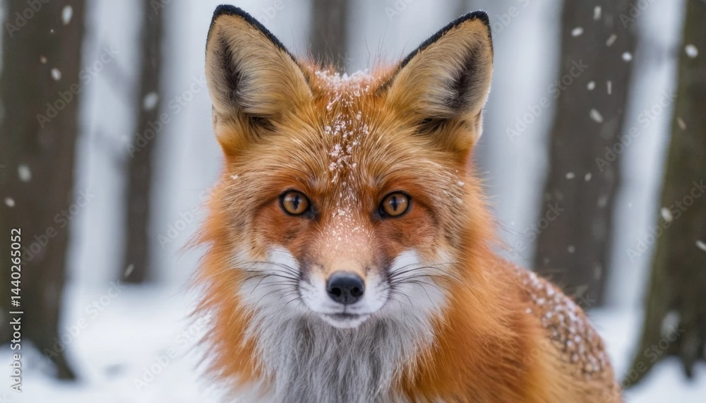 Majestic Red Fox Gazing in Snowy Forest with Glowing Eyes and Soft Fur Under Falling Snowflakes Majestic Red Fox Gazing in Snowy Forest with Glowing Eyes and Soft Fur Under Falling Snowflakes