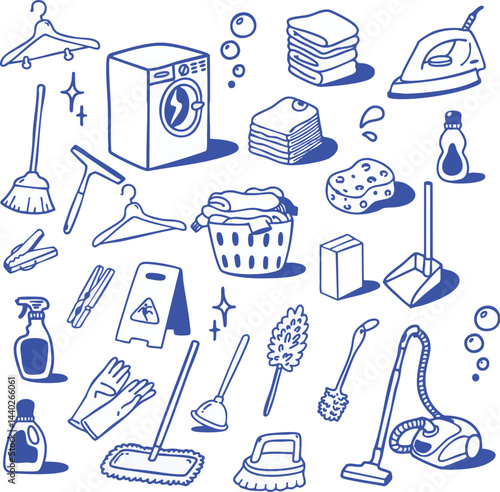 Hand-drawn cleaning supplies set, Illustration of household cleaning supplies