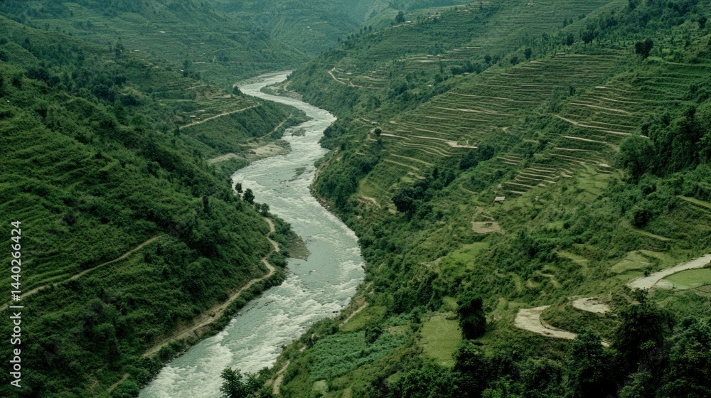 Lush valley with winding river and terraced hills Lush valley with winding river and terraced hills