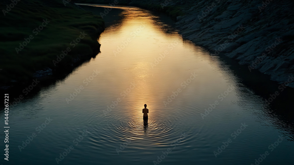 A solitary figure stands in a serene river at sunset, creating gentle ripples
