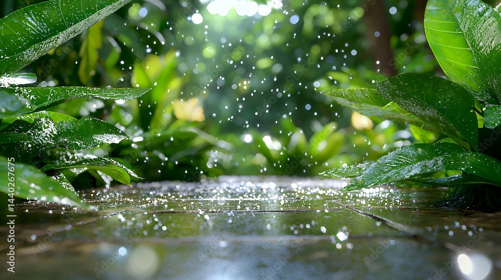 Rain Falling on Wet Wooden Surface with Vibrant Green Leaves and Sunlit Background Rain Falling on Wet Wooden Surface with Vibrant Green Leaves and Sunlit Background