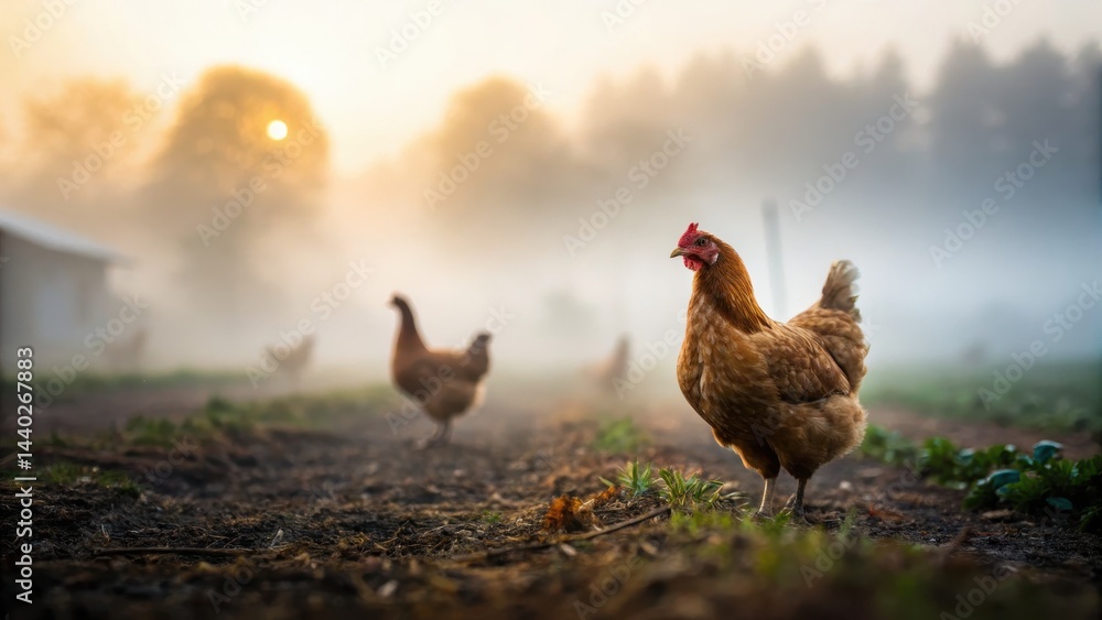 Fototapeta premium ant leaf nature red carry Concept. Chickens roam on a misty morning farm with a soft sunrise glow.
