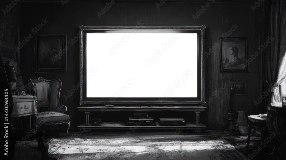 Opulent and antiquated entertainment room with a striking, blank canvas television Opulent and antiquated entertainment room with a striking, blank canvas television