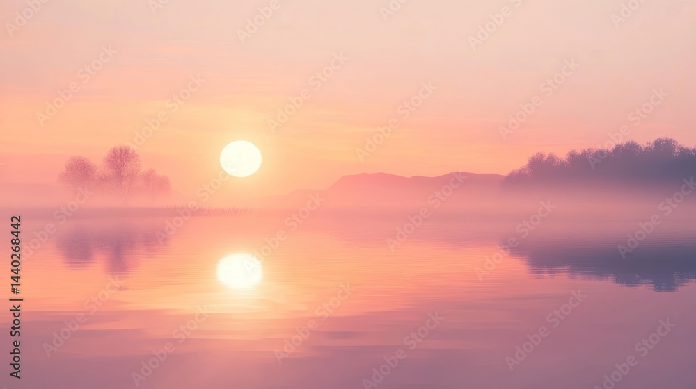 Fototapeta premium Misty sunrise lake reflection, peaceful dawn