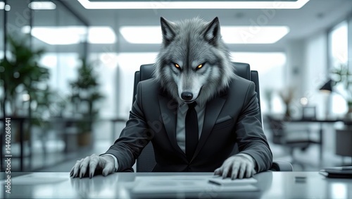Business Wolf in Executive Suit Working at Modern Office