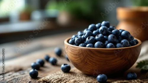 Wooden bowl of bilberries in the kitchen
