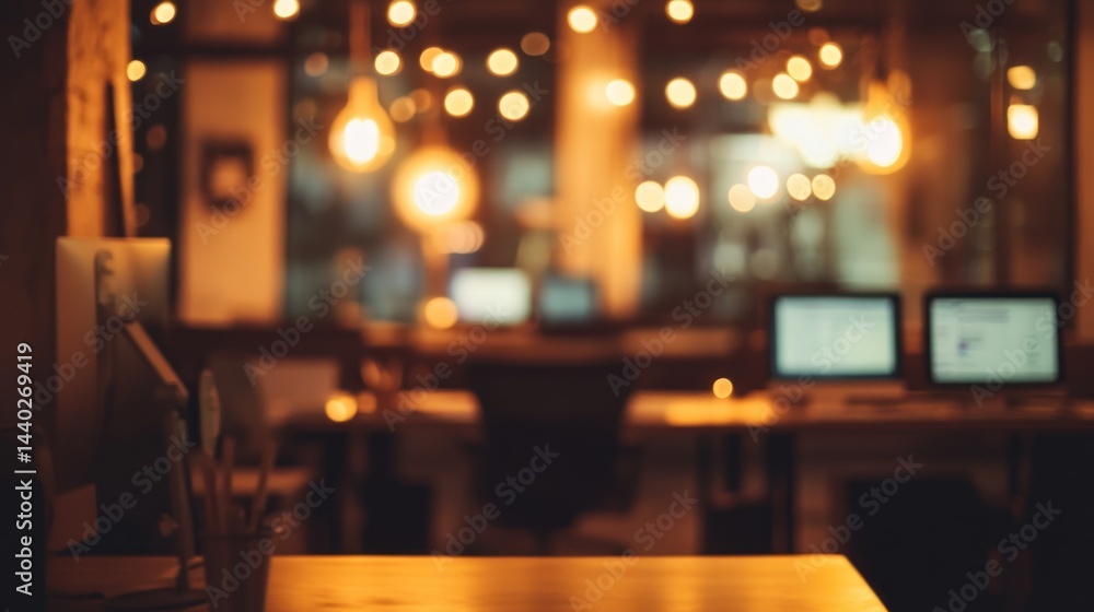 Night office desk, warm lights, blurred background Night office desk, warm lights, blurred background