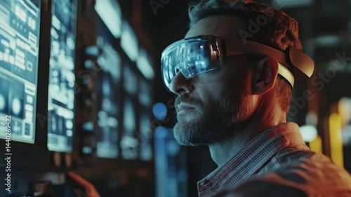 A man wearing augmented reality glasses, symbolizing futuristic technology and digital immersion.