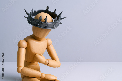 Conceptual wooden figures display concepts of pressure and judgment with spiked crown symbolizing emotional burden and introspection