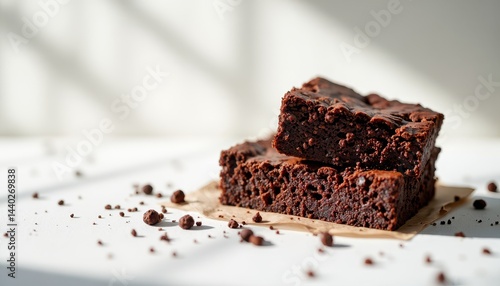 Delicious chocolate brownies kitchen table food photography bright environment close-up view dessert delight