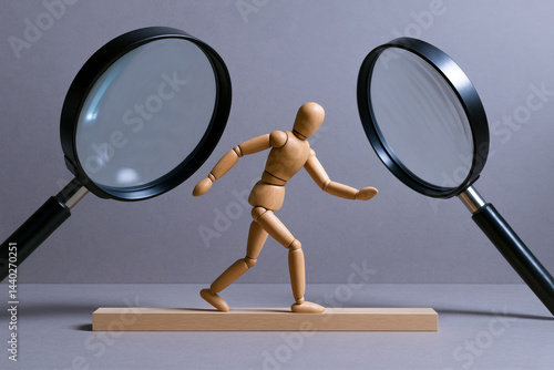 Conceptual wooden figures under pressure and judgment with magnifying glass symbolizing concepts of scrutiny and evaluation