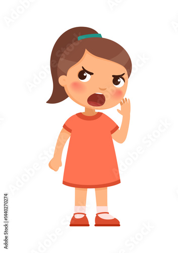 The girl looks angry or indignant, speaks loudly or screams, cheeks are red. Her left hand is raised to her face, and her right hand is clenched into a fist.
Illustration of a cartoon character
