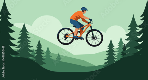 Mountain biker jumping over hills against a forest backdrop,  Suitable for advertising sportswear and equipment, a relaxation of bicycle tours, hiking in the mountains, application design