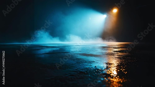 A street with rain-soaked pavement and foggy street lights, symbolizing mystery and atmosphere.