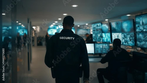 A security guard monitoring surveillance footage in a control room, symbolizing safety and protection.