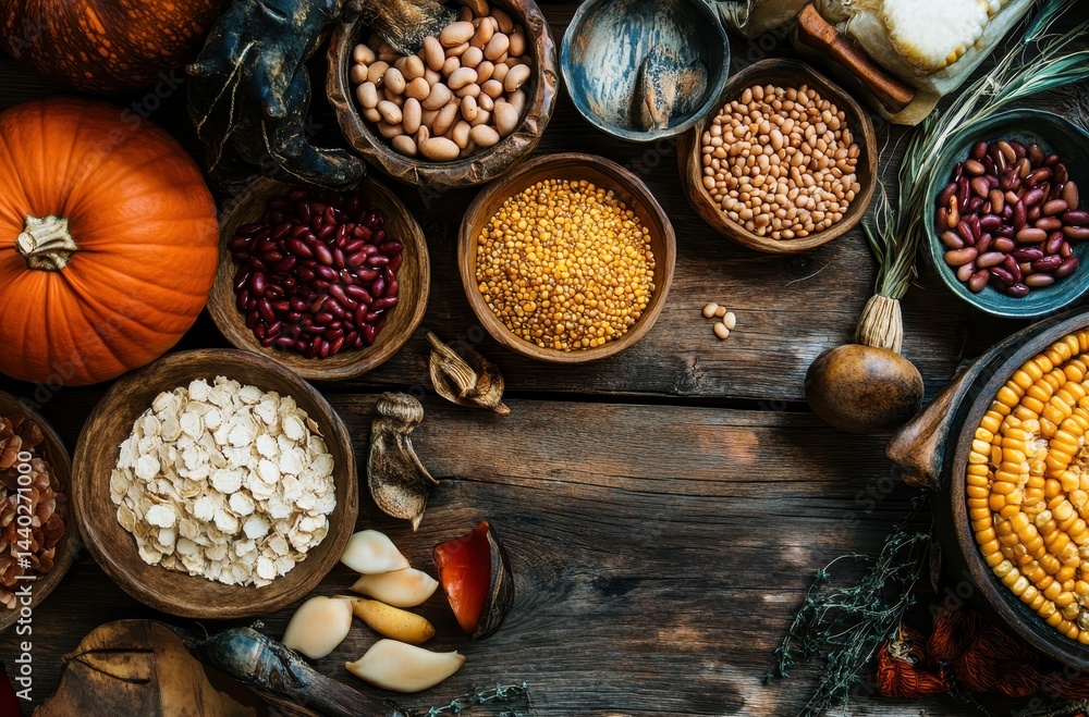 Autumn Harvest Display with Colorful Grains, Legumes, Seeds, and Pumpkins on Rustic Wooden Table for Seasonal Cooking and Decoration Autumn Harvest Display with Colorful Grains, Legumes, Seeds, and Pumpkins on Rustic Wooden Table for Seasonal Cooking and Decoration