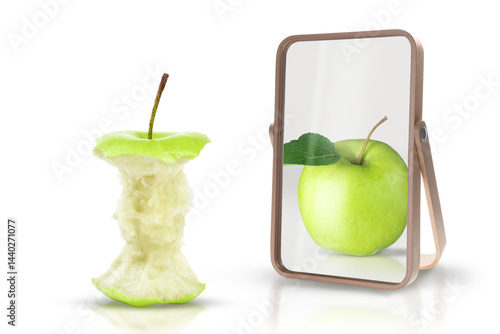 Fotografija Almost eaten apple reflecting in mirror as whole, white background