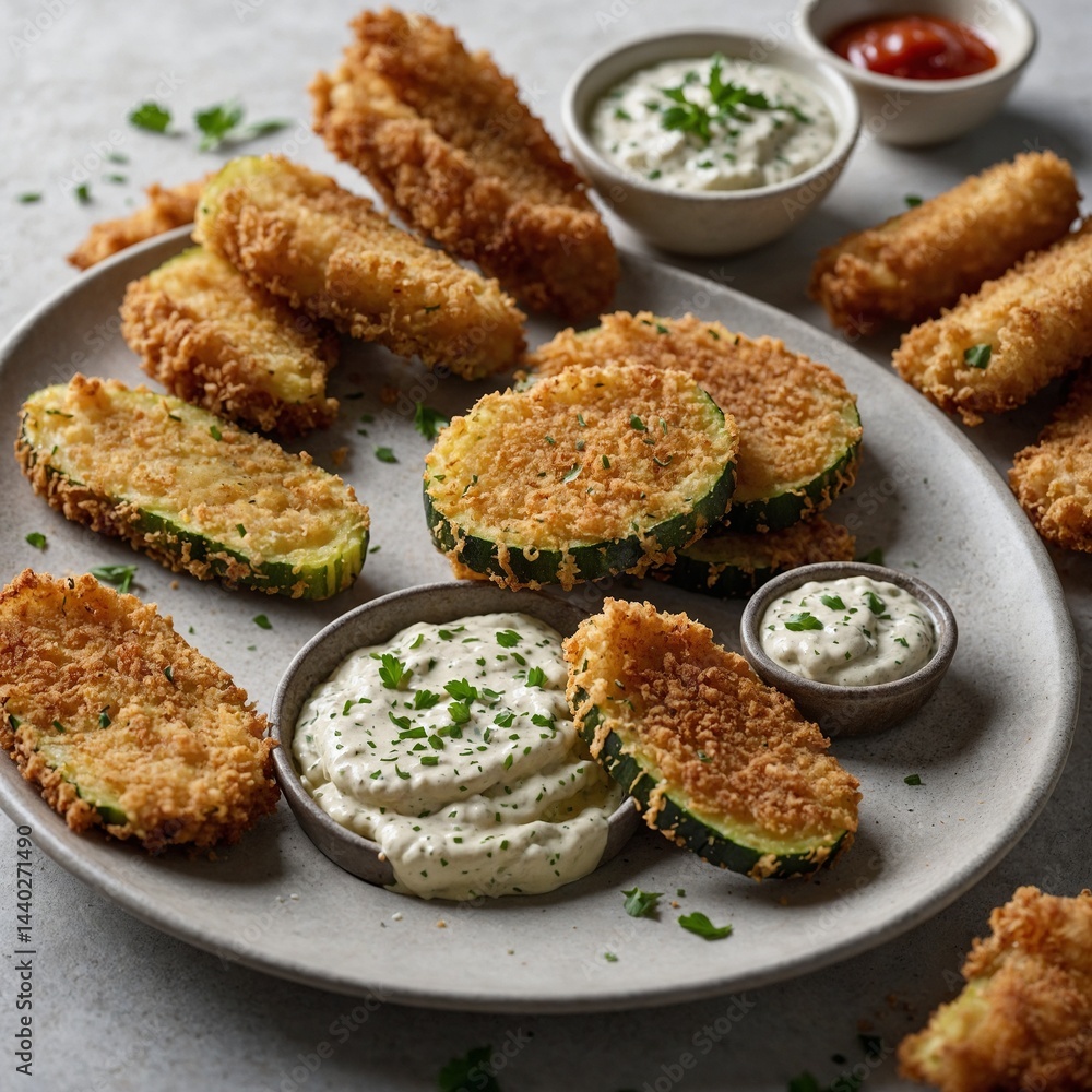 Fried Zucchini Close-Up – DSLR Full Body Food Shot – White Blurry Background Fried Zucchini Close-Up – DSLR Full Body Food Shot – White Blurry Background