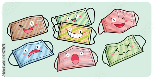 Cute and funny stripes face mask cartoon character illustration set