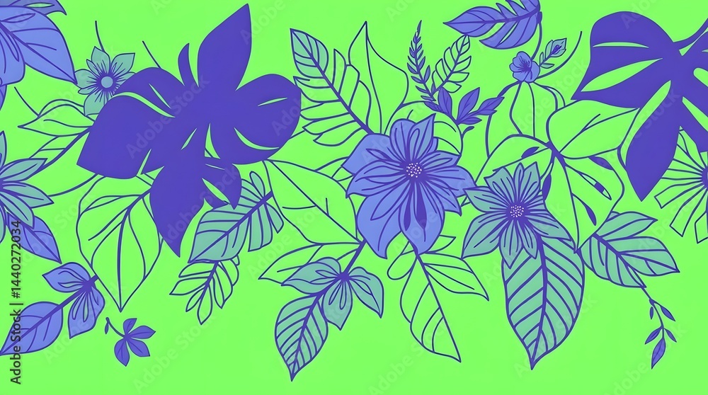 Fototapeta premium illustration of tropical plant line art with floral pattern on a green background
