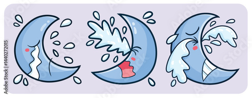 Cute and funny sad moon cartoon character set