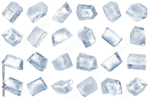 Clear ice cubes on white background, set