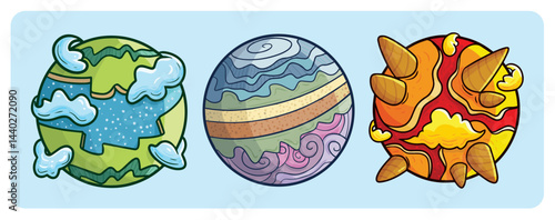 Funny and cute colorful planets cartoon illustration set