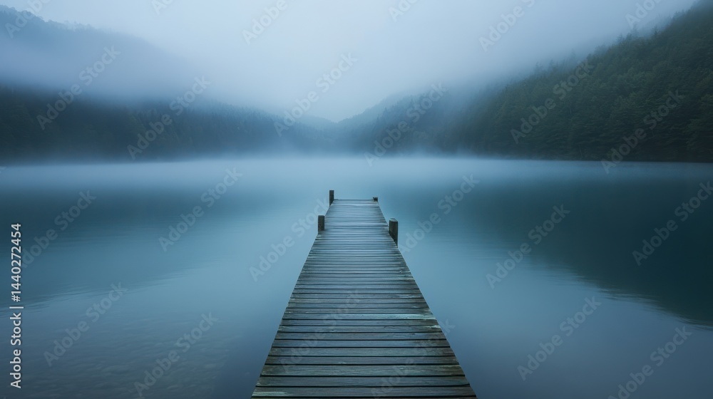 Fototapeta premium Misty Lake Serenity: A Wooden Dock Extending into the Fog