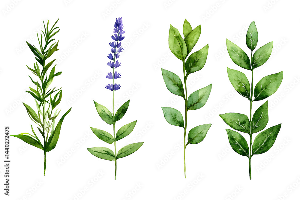 Fototapeta premium Watercolor wildflowers and leaves illustration set isolated on white