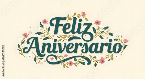 Feliz Aniversario Graphic with Floral Accent on Beige Background