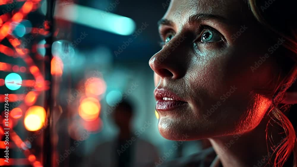 Woman gazing at DNA model in laboratory setting Woman gazing at DNA model in laboratory setting