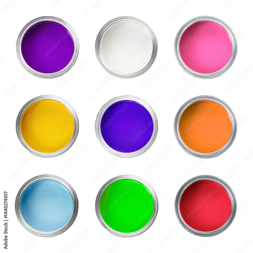 Paints of different bright colors in cans isolated on white, set. Top view Paints of different bright colors in cans isolated on white, set. Top view
