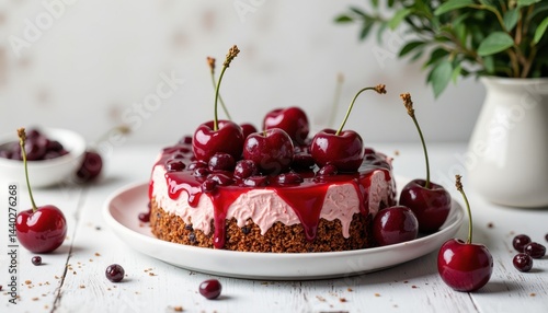 Delicious cherry cheesecake dessert home kitchen food photography bright environment close-up sweetness and indulgence