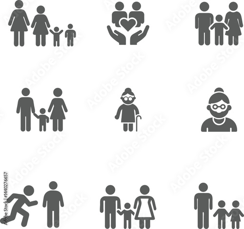 Family Icons Collection, Parents, Children, Elderly, Community Care Symbol Set PNG