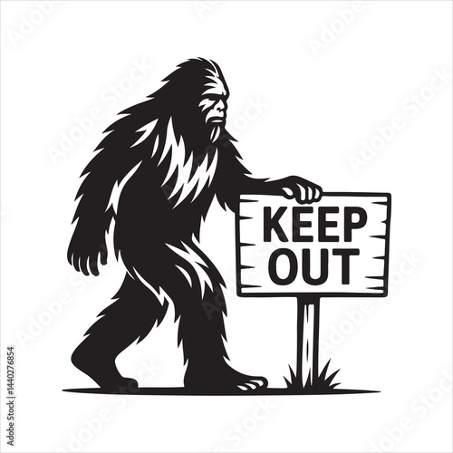 Black and white silhouette of Bigfoot (Yeti) standing frontally next to a 
