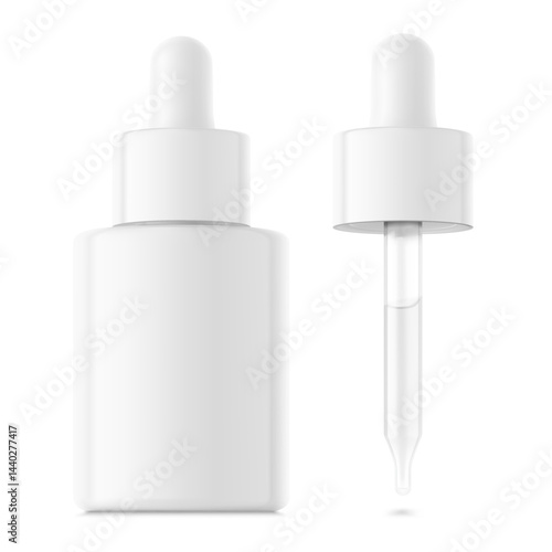 Open dropper bottle with pipette mockup. Vector illustration isolated on white background. Front view. Сan be used for cosmetic, medical and other needs. EPS10.