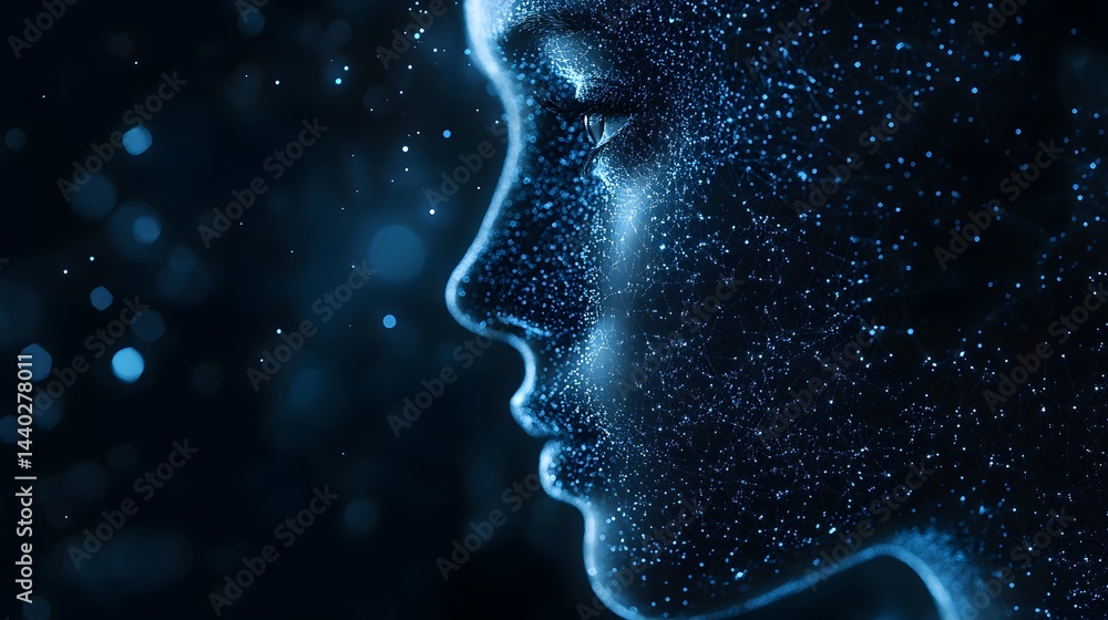 Futuristic face portrait constructed from interconnected digital dots and lines. A technological representation of identity emerges against the dark backdrop. Abstract wireframe in dark blue. Futuristic face portrait constructed from interconnected digital dots and lines. A technological representation of identity emerges against the dark backdrop. Abstract wireframe in dark blue.