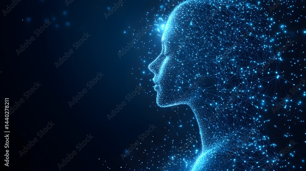 Futuristic representation of a human head as a glowing blue network. Symbolizes AI, neural connections, and digital consciousness within a deep blue gradient backdrop. Abstract wireframe in dark blue. Futuristic representation of a human head as a glowing blue network. Symbolizes AI, neural connections, and digital consciousness within a deep blue gradient backdrop. Abstract wireframe in dark blue.