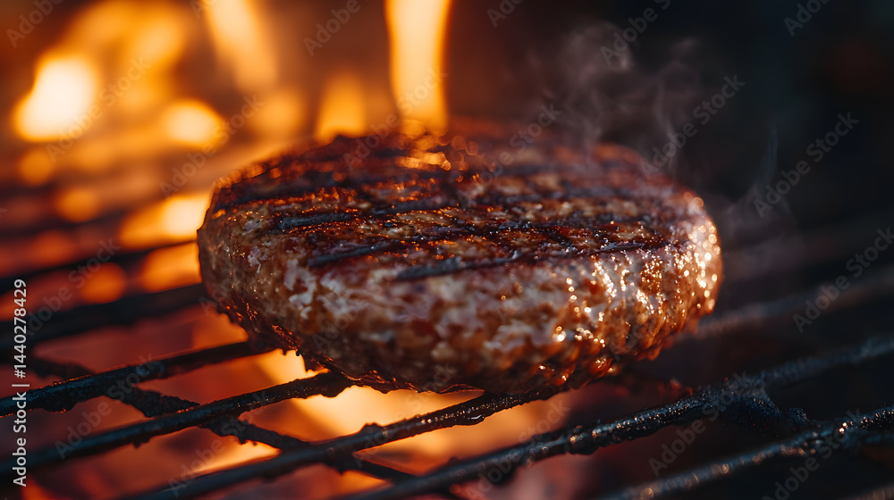 Close up of a vegetarian burger cooking on a grill commercial food photo Close up of a vegetarian burger cooking on a grill commercial food photo