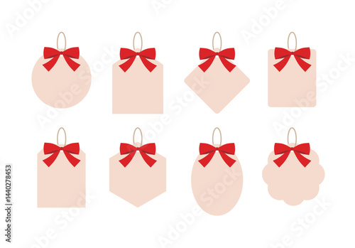 The image shows eight beige gift tags in different shapes, each decorated with a red bow and loop. Ideal for elegant gift wrapping during holidays or special events, adding a festive touch.