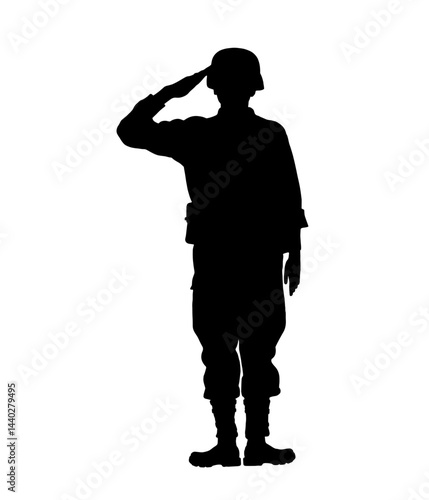 Silhouette of Soldier Saluting in Military Uniform and Helmet, Army Discipline, Respect for Service, Symbol of Patriotism, Duty and Honor in Armed Forces

