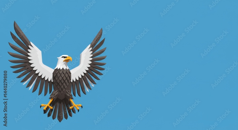 Fototapeta premium Majestic Bald Eagle Soaring High Low Poly 3D Render Against a Vibrant Blue Sky