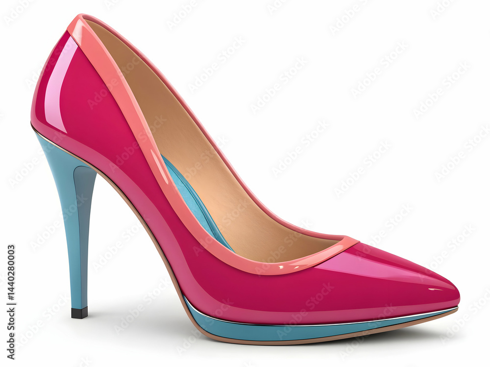 Stylish Pink High Heel Shoe with Blue Accent and Glossy Finish Stylish Pink High Heel Shoe with Blue Accent and Glossy Finish