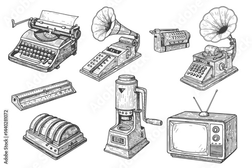 vintage engraving illustration of old-fashioned devices including typewriters, televisions, phonographs, and mechanical machines.