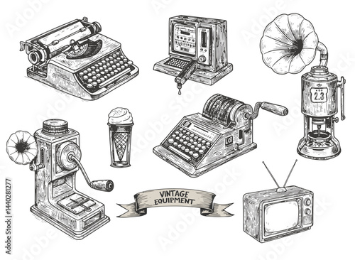 vintage engraving illustration of old-fashioned devices including typewriters, televisions, phonographs, and mechanical machines.