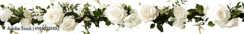 Elegant wedding decoration banner featuring white roses and lush greenery, perfect for romantic events
