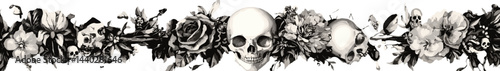 Dark-themed Halloween banner featuring skulls and roses, perfect for spooky decorations