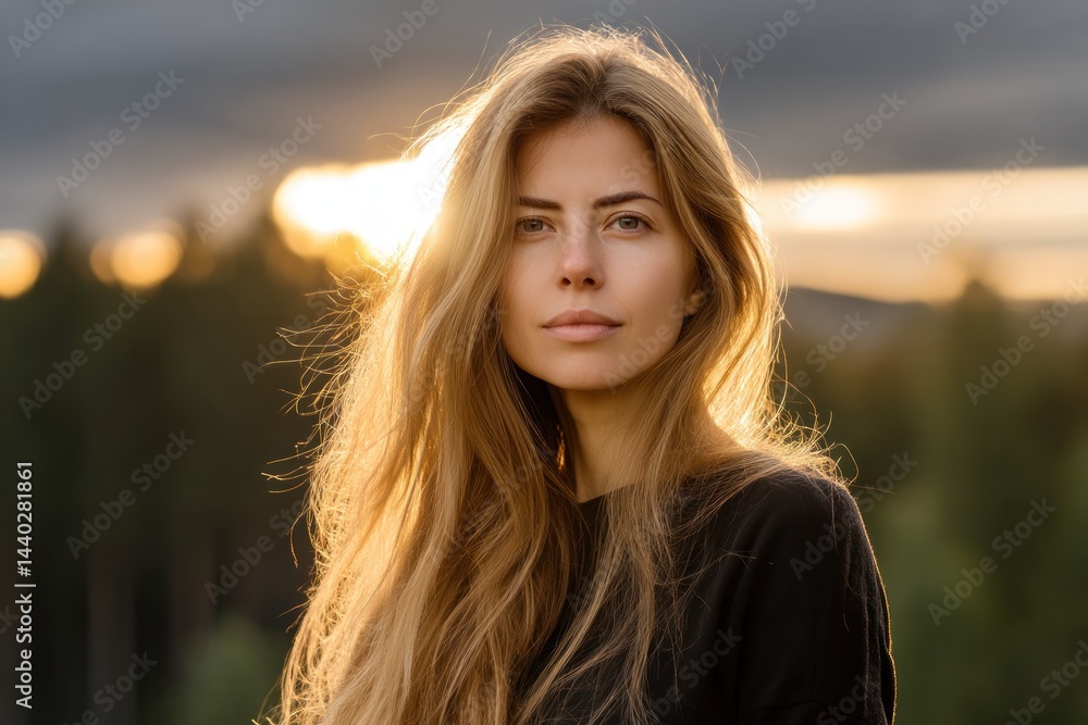 Woman outdoors posing at sunset with trees in background for beauty campaign Woman outdoors posing at sunset with trees in background for beauty campaign